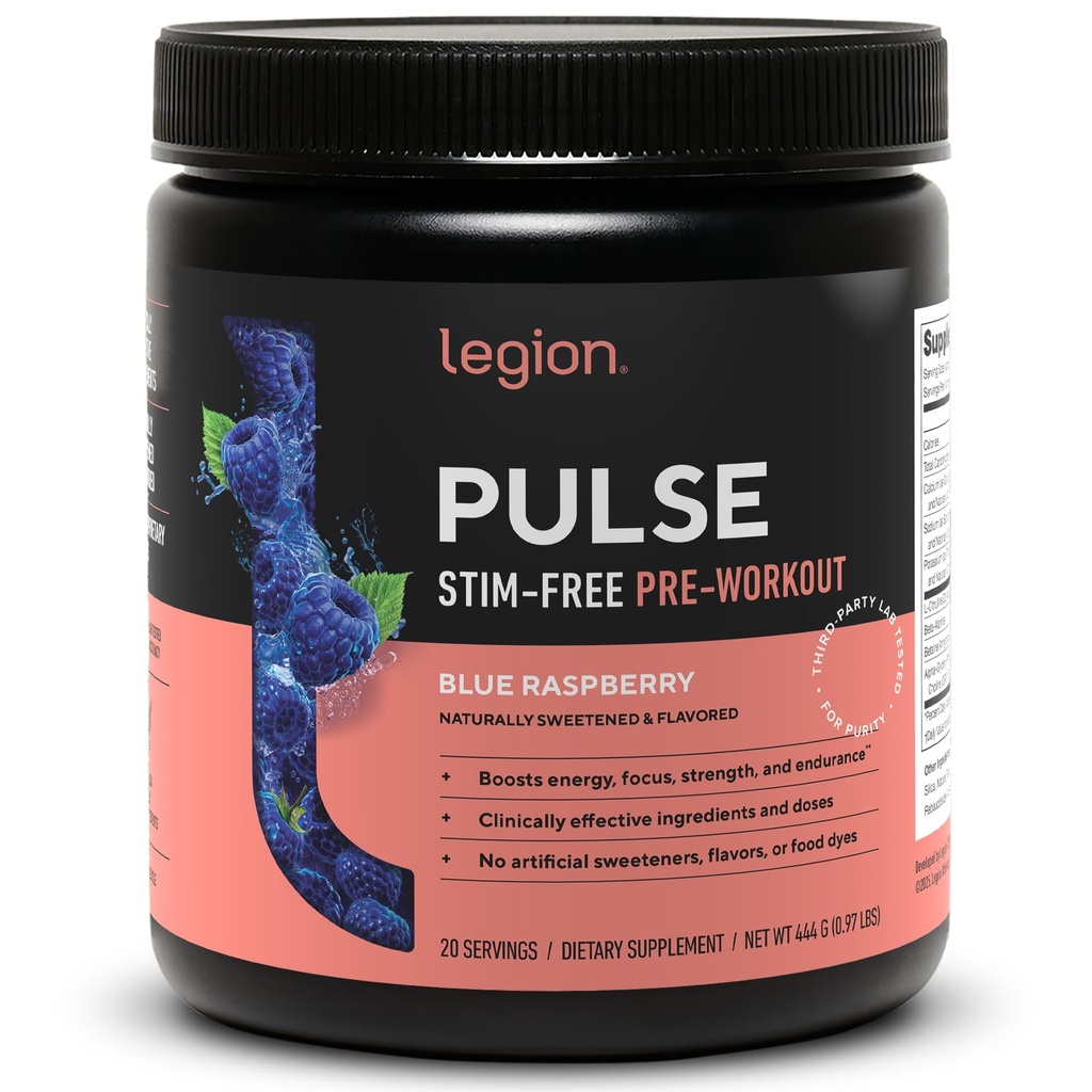 LEGION Pulse Pre Workout Supplement - Kõik looduslikud lämmastikoksiidi eeltreeningujoogid energia suurendamiseks, kreatiinivaba, looduslikult magustatud, beeta-alaniin, tsitrulliin, Alpha GPC (kofeiinivaba sinine razz)