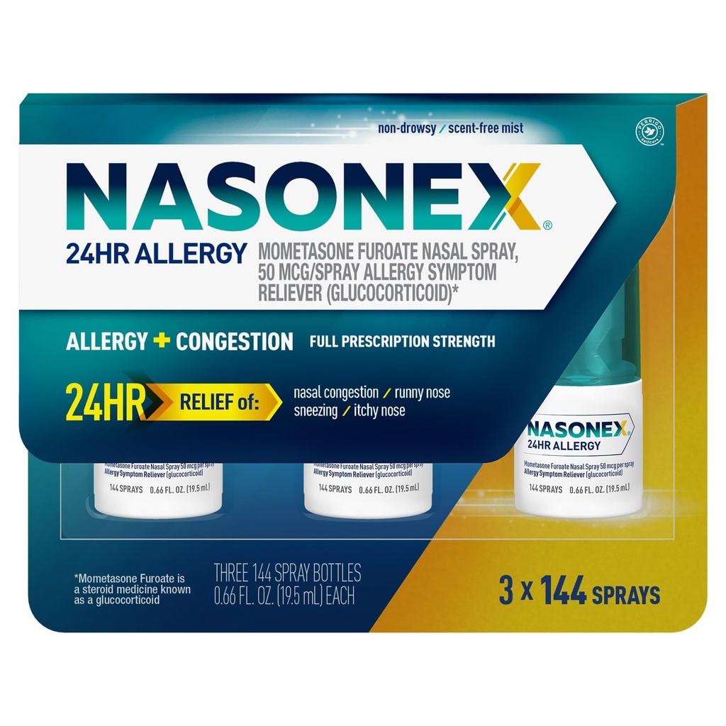 Nasonex 24HR Allergia Ninasprei, mitte-uimane, lõhnavaba udu, allergia sümptomid + ninakinnisus, täielik retsepti tugevus, 120 pihustit (3 pakendit)