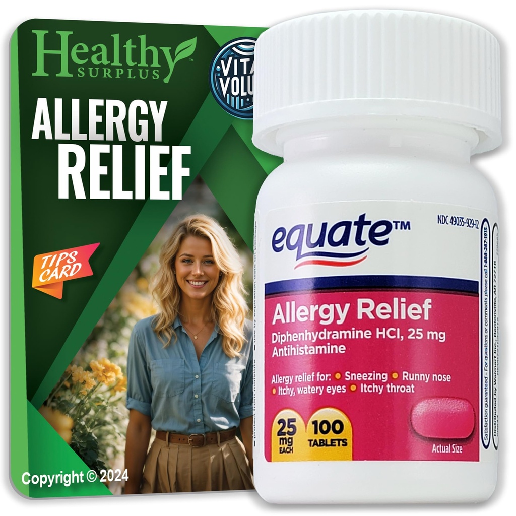 Tervislik ülejääk ® Vital Volumes Näpunäited Kaart & Equate Allergia Relief Difenhüdramiin HCL, 25 mg 100 Tablets Bundle