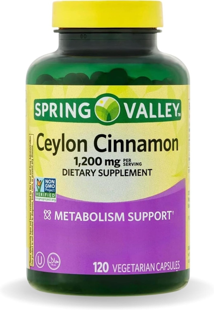 Spring Valley Cinnamon Kapslid 1200 mg Kapslid, Ainevahetus * 120 Arv | Mitte- GMO & Gluteenivabad tabletid (1. pakend)