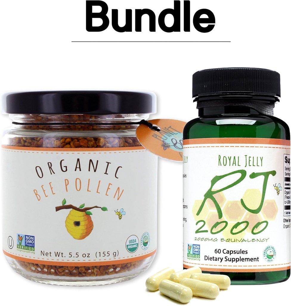 Greenbow Organic Bee Pollen - 100% USDA sertifitseeritud orgaaniline, puhas, looduslik mesilaste õietolm - valkude, vitamiinide ja mineraalidega pakendatud supertoit - 155 g Royal Jelly 2000mg 60 kapslit
