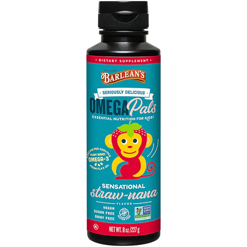 Barlean's Omega Pals Omega 3 lastele, Yummy Straw-Nana Maitsestatud Laste Vedel Linaõli Lisand 1483 mg ALA, Mitte-GMO, Vegan aju ja silmade tervis, 8 oz