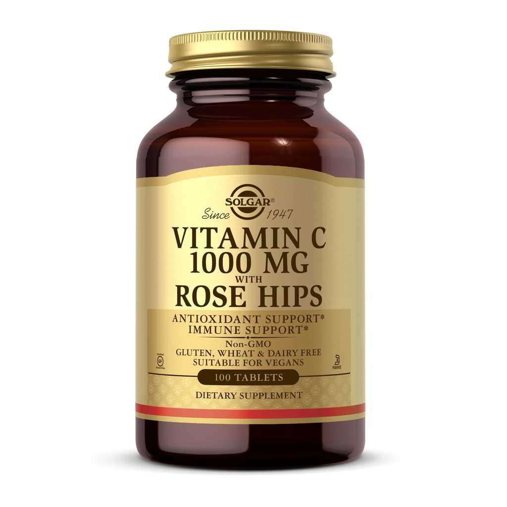 Solgar Vitamiin C 1000 mg koos Rose Hips - 100 tabletti - Antioksüdant & Immune Support - Non-GMO, Vegan, Gluteenivaba, Piimavaba, Kosher - 100 Servings