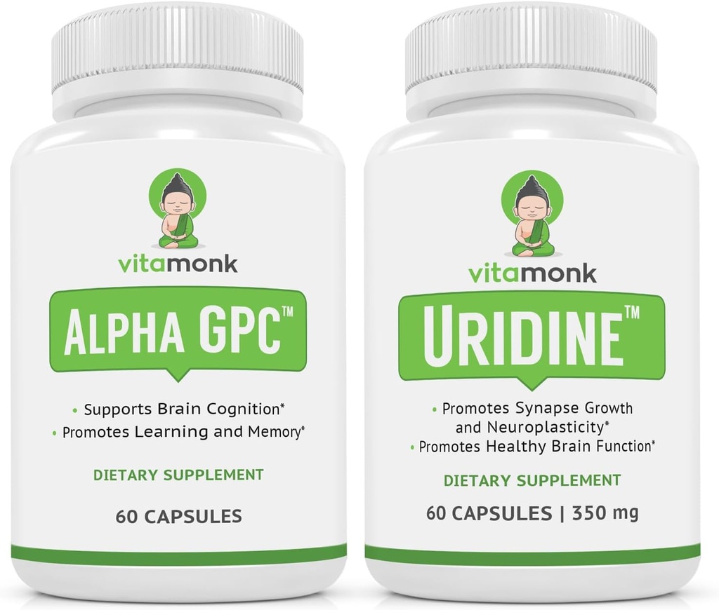 VitaMonk Alpha GPC ja Uridine Stack - Hr Happy Stack - Uridiinmonofosfaat ilma kunstlike täiteaineteta - Biosaadavad koliinilisandid edendavad tunnetust, fookust, vaimset selgust