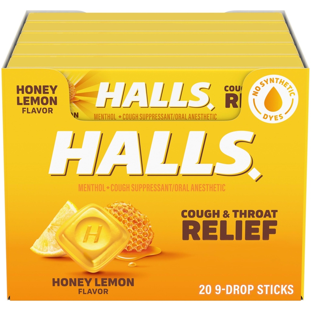 HALLS Cough and Throat Relief Honey Sidrun Cough Drops, 20 Sticks of 9 (180 Total Drops)