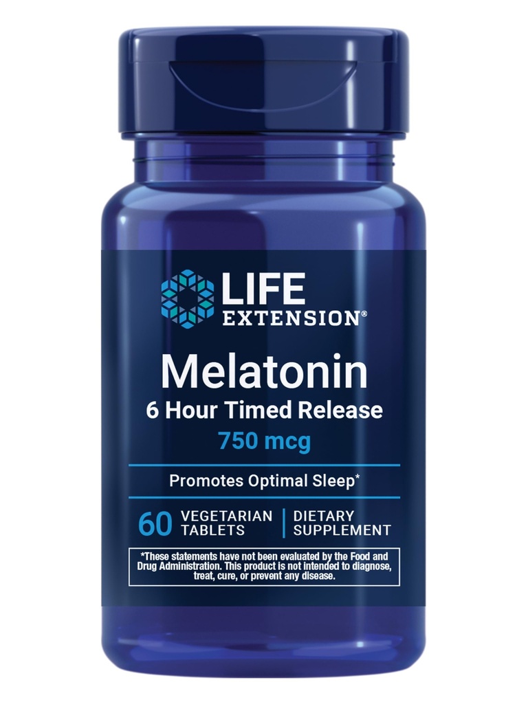 Eluea pikendamine Melatoniin 6-tunnine ajastatud vabanemine, 750 mcg, laiendatud vabanemisega valem õrna une toetamiseks, tervislikud ööpäevased rütmid, rakukaitse, gluteenivaba, mitte-GMO, taimetoitlane, 60 tabletti