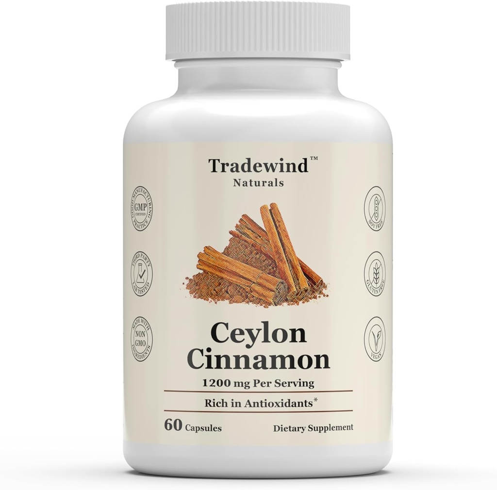 Tseiloni kaneel 1200mg - puhas tseiloni kaneel - vegan - mitte-GMO - südame ja kognitiivse tervise toetamine - antioksüdantide rikas - 60 köögiviljakapslit - valmistatud USA-s