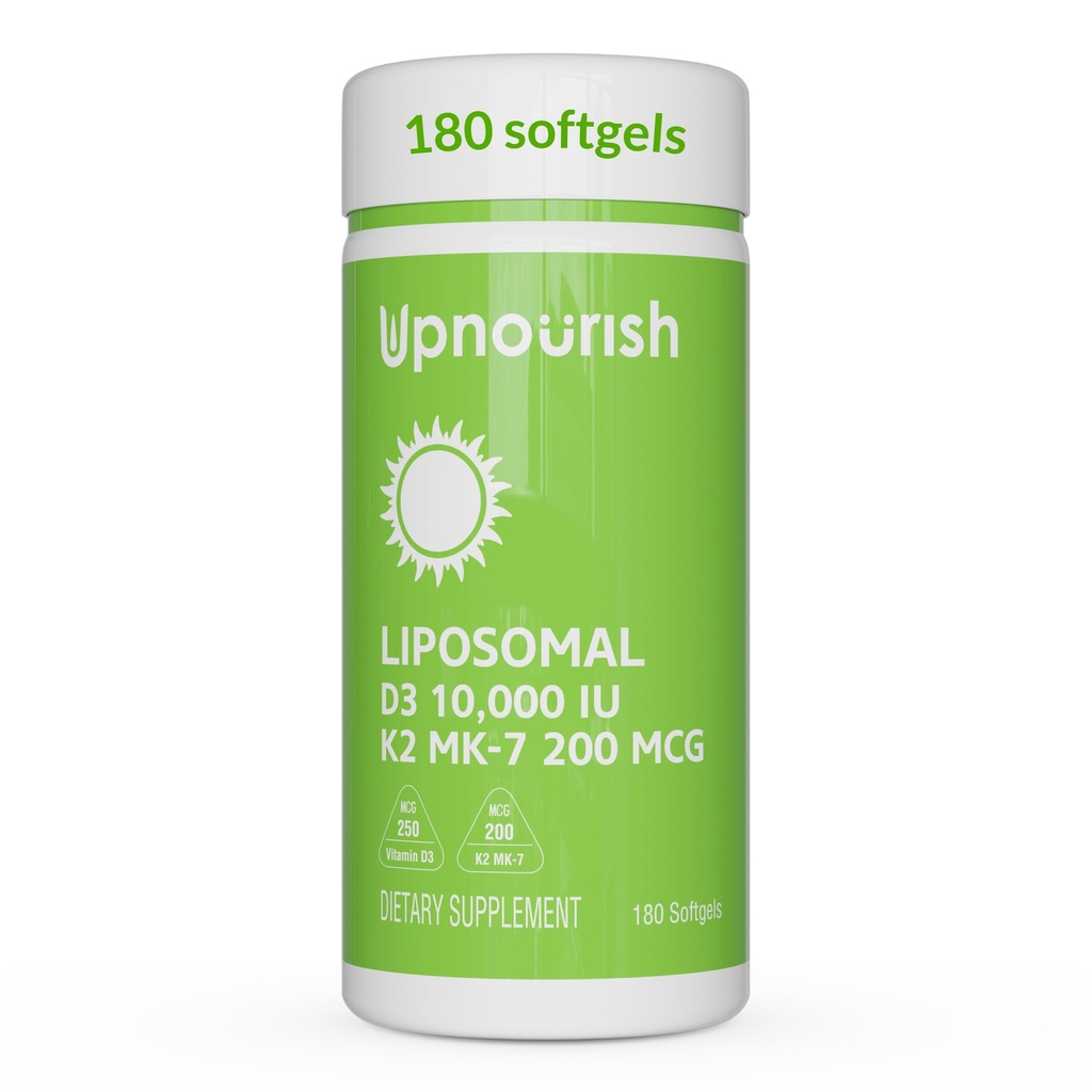 UpNourish Liposomal D3 K2 Vitamiin 10000 IU D3 ja K2 MK-7 200 mcg - 180 Vitamiin D3 k2 (vitamiin D3 con K2) Mini Softgels - lihtne neelata K2 D3 Vitamiin