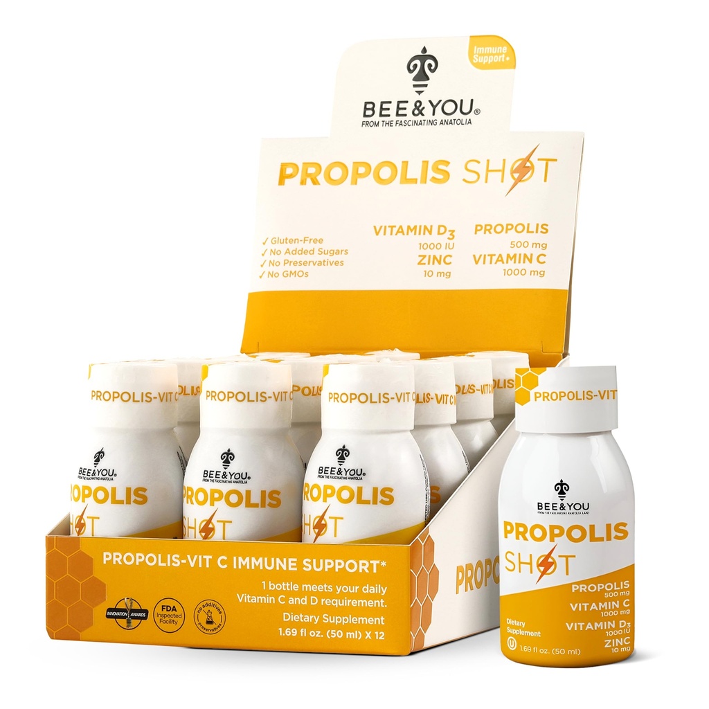 BEE ja teie immuunsüsteem toetavad 100% looduslikku propolis Shot toidulisandit, antioksüdante, C-vitamiini, VIT D3, tsink, oranž mahl, toores mesi, 1.69 fl. oz x 12 pudelit