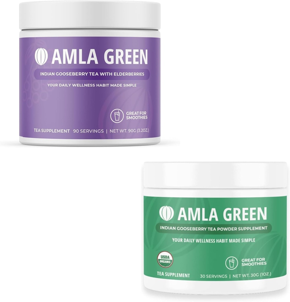 Amla Powder & Green Tea Superfood Supplement, Antioksüdant Support, Made koos Elderberries (90 Servings) ja India karusmarjad (30 Servings), Organic, Vegan