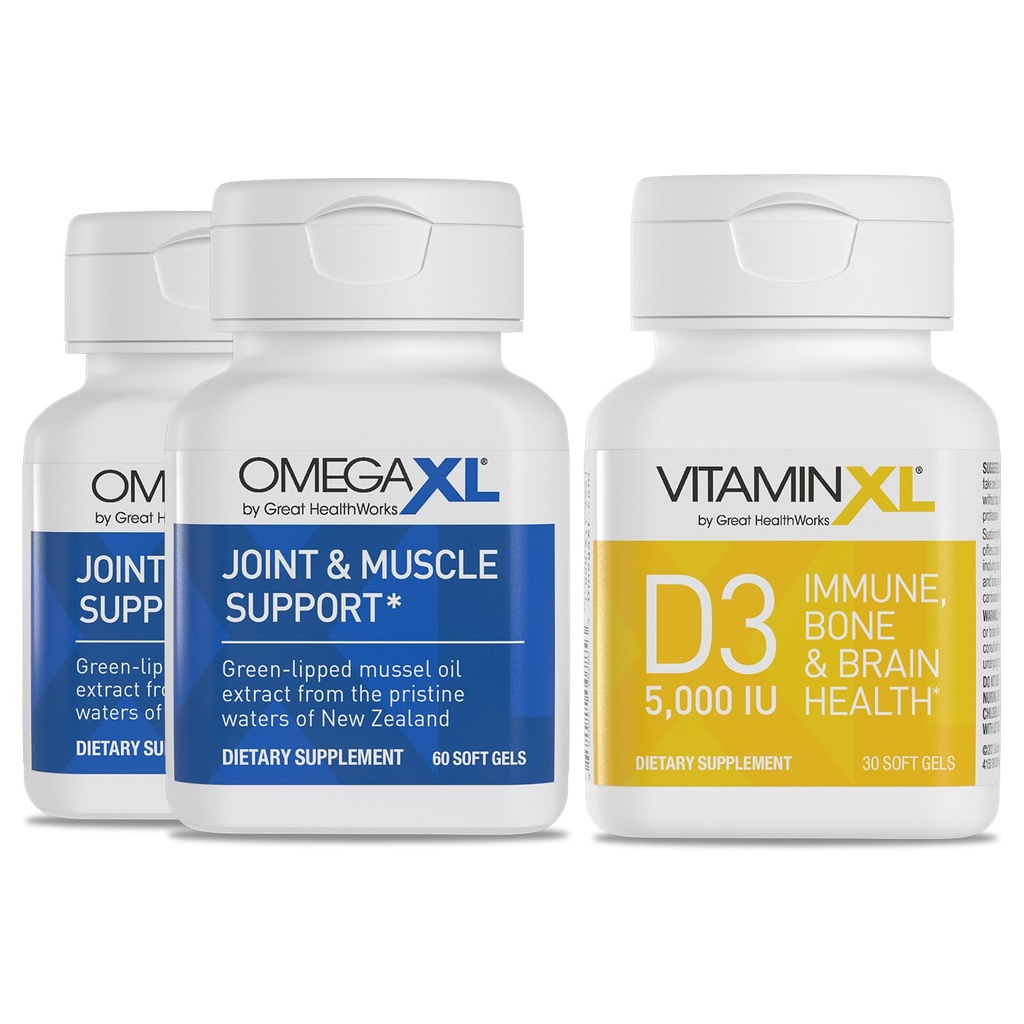 OmegaXL-i ühine tugisammas - looduslikud lihased / immuunsuse tugi, 60 softgels (2 Pack) ja VitaminXL D3 kõrge potentsiga päevane D-vitamiin 5000 IU 125mcg täiendus (30 Softgels)