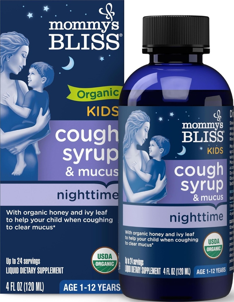 Emme's Bliss Organic Kids Cough Syrup & Mucus Relief for Night Time, Agave & Honey, Ivy Leaf, Tsink, C-vitamiin, +Herbal Nighttime Blend, 4 Fl z