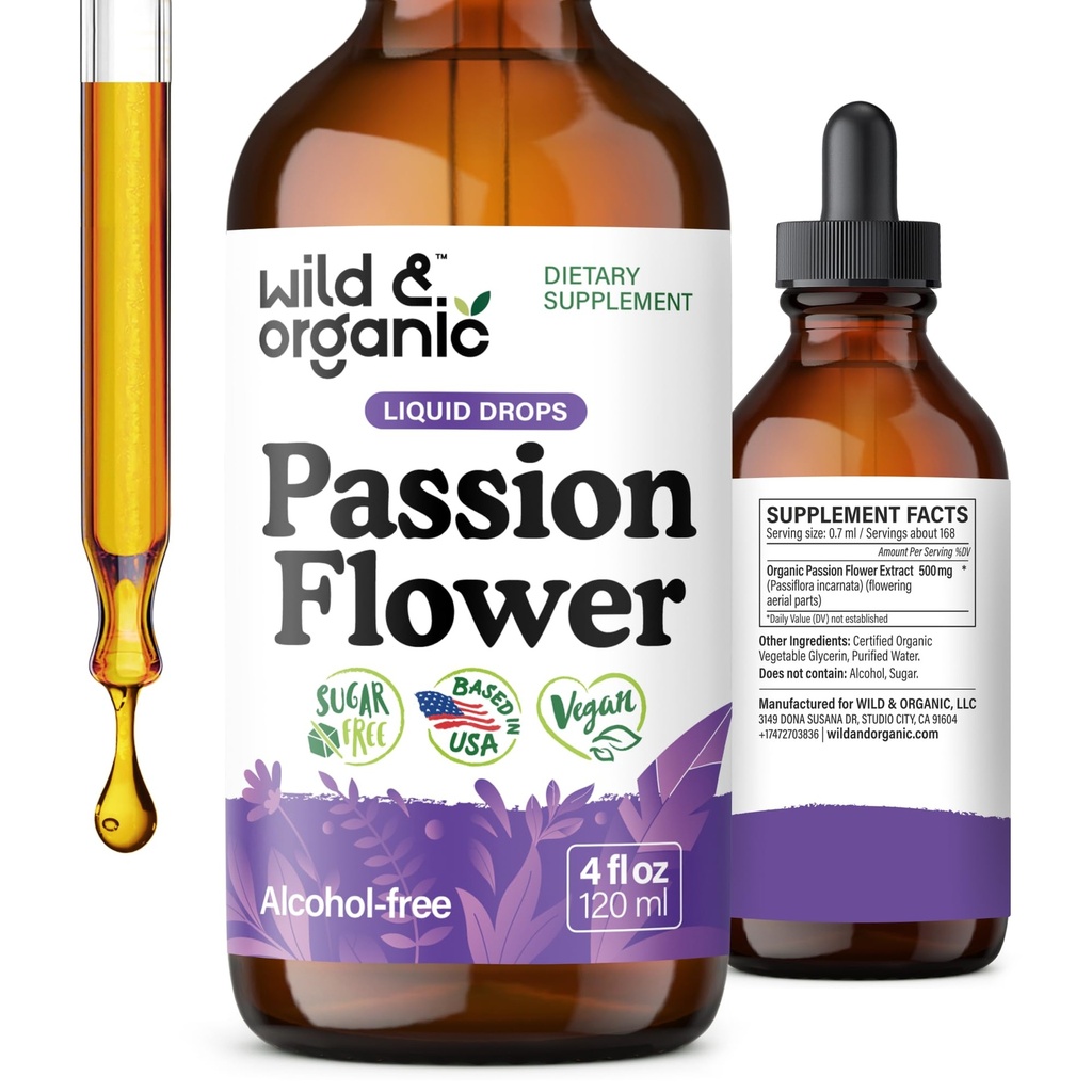 Wild & Organic Passion Flower Tinktuura - Mood Support - Calming Passionflower Supplement - Passiflora Incarnata Vedel Ekstrakt - Vegan, Suhkru Ja Alkoholivaba ürditilgad - 4 fl oz