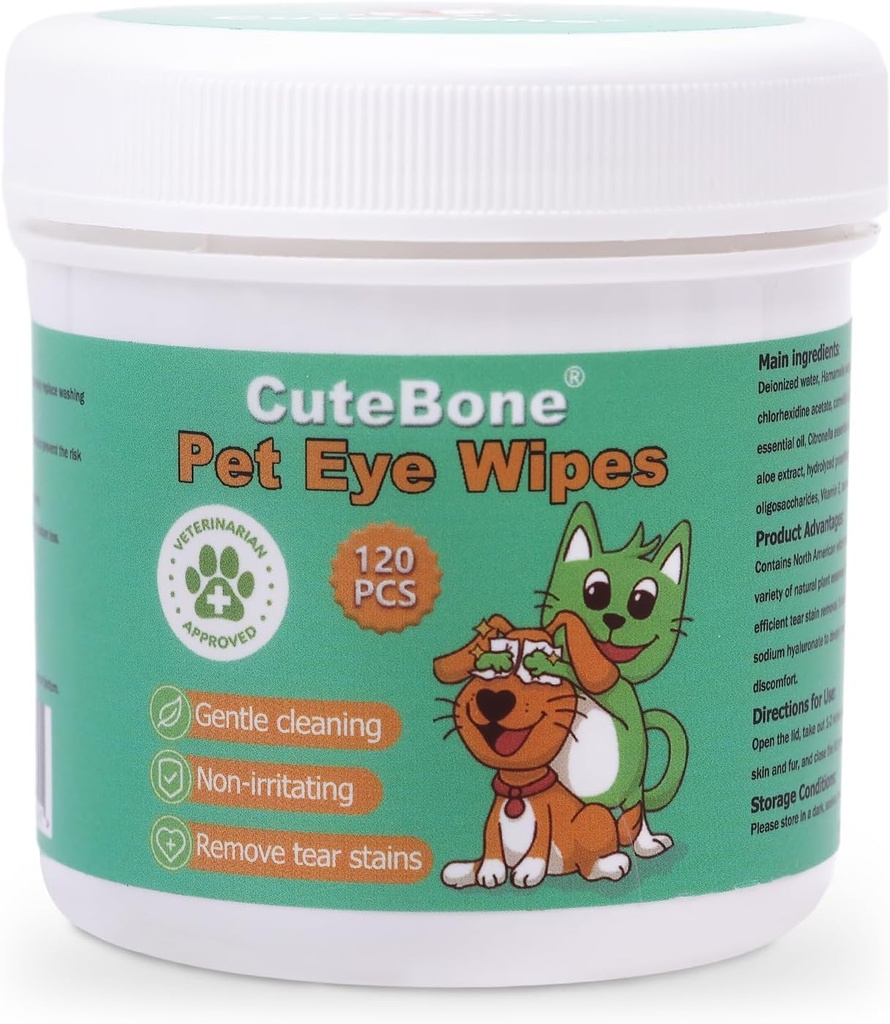 CuteBone Pet Eye pühkib 120 loendit - õrnad ja rahustavad silmade puhastusvahendid koertele ja kassidele, eemaldab mustuse, pisarate plekid ja praod, hoiab ära silmainfektsioonid, looduslikud koostisosad, ohutu ja lihtne kasutada