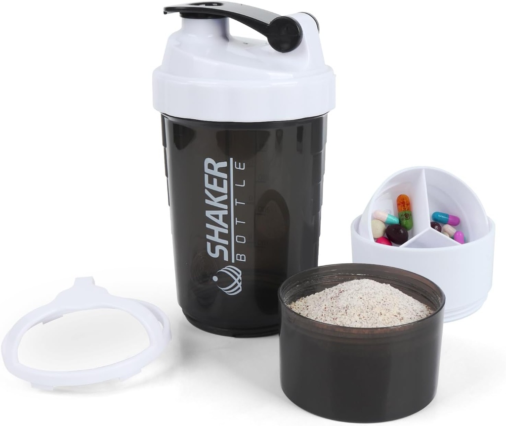 Shaker Bottle - Protein Shaker Cup koos ladustamiskomponentidega - lekkimiskindel treening Loksutage pudelid Mixeriga sujuvaks segamiseks-500ML/16oz (VALGE & BLACK)