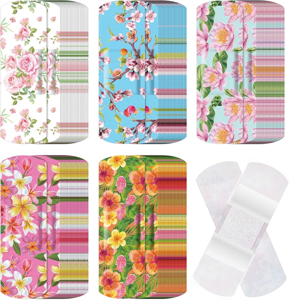 120 Pcs Fabric Adhesive Paindlikud ribad Bulk Assorteeritud kujud ja mustrid Väikesed värvilised päris kangasribad mitte-pulkpadjaga 3 x 1 tolli lõigatud haavade jaoks Naised (Floral)