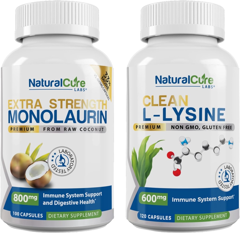 Natural Cure Labs Bundle: ekstra tugevus Monolaurin 800mg + puhas L-Lysine 600mg