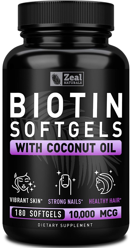 Zeal Biotin 10000mcg orgaaniline kookosõli Softgels | Vitamiin Biotin Supplement | Juuste nahk ja küüned Vitamiinid naistele ja meestele | 6 mo Supply - 180 Gel Kapslid