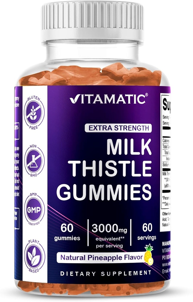 Vitamatic Milk Thistle Gummies - 10000 mg ekvivalenti serveerimise kohta (alates 50: 1 Extract 200 mg) - Maksa detox & Anti Oxidant Health - Min. 80% Silümariin Flavonoidid - 60 pektiinil põhinevat Gummies