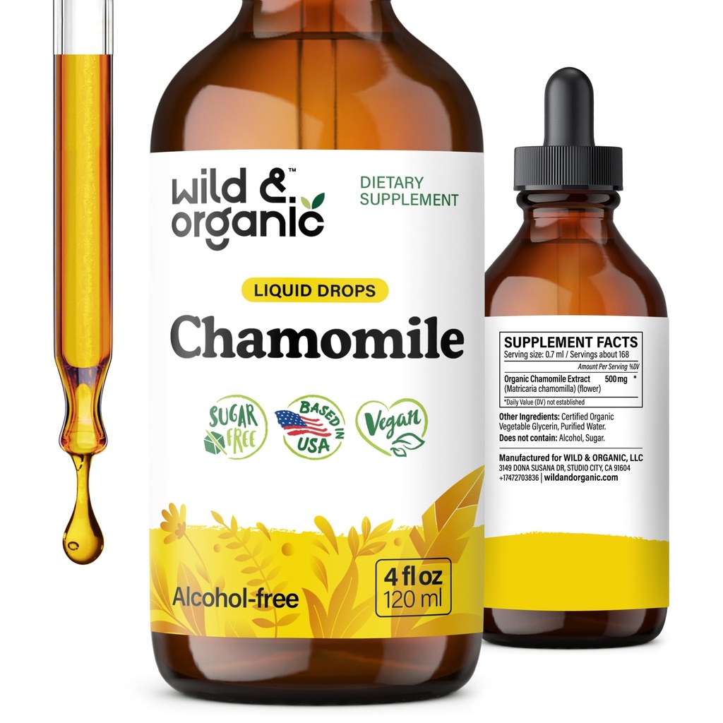 Looduslikud ja orgaanilised kummeli lilled Tinktuur - rahustav lisand lõõgastumiseks - kummeliekstrakt Vedelad tilgad - Vegan, suhkur ja alkoholivaba - 4 fl oz