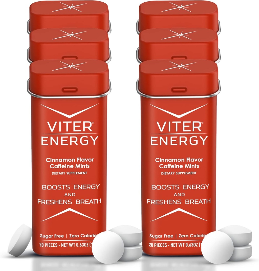 Viter Energy Kofeiin Mints (120 tükki) - 40 mg kofeiini, suhkruvaba, vegan, B-vitamiinide kompleks, energialisa kofeiini pillid (Cinnamon, 6 Pack)