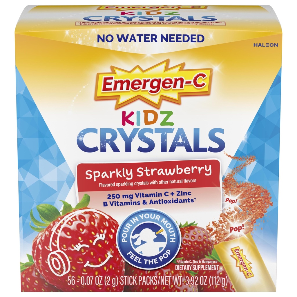 Emergen-C Kidz Kristallid, On-the-Go Emergen-C Immune Support Supplement koos C-vitamiini, B-vitamiinide, tsingi ja mangaaniga, Sädelev maasikas, ladustamine Stuffer - 56 Stick Packs