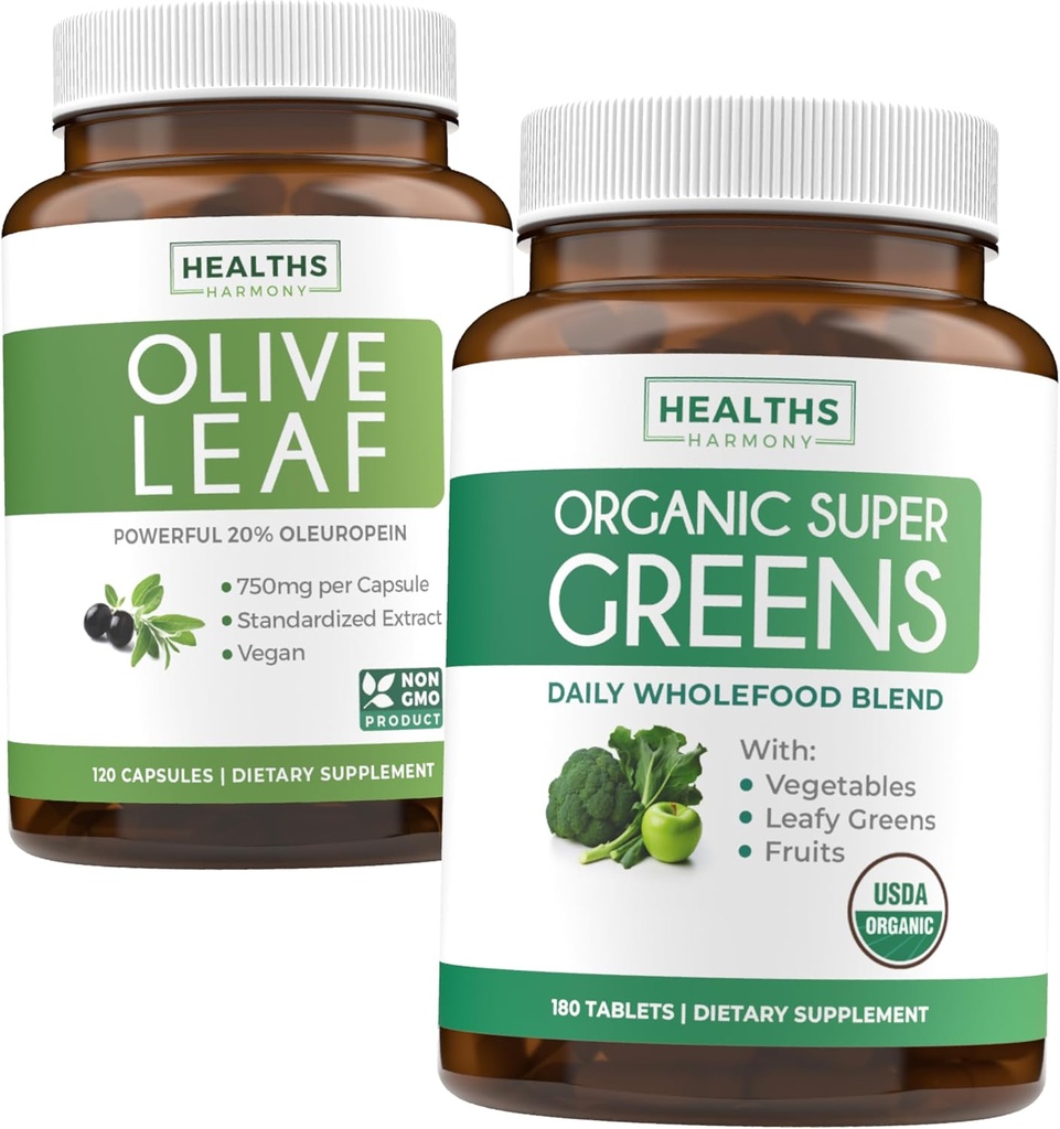 Oliivilehe ekstrakt ja orgaanilised superrohelised (4-kuuline pakkumine) Pure Plant Power Bundle of Olive Leaf Extract (120 kapslit) Super Strength & Organic Super Greens (180 Tabets) Organic Superfood