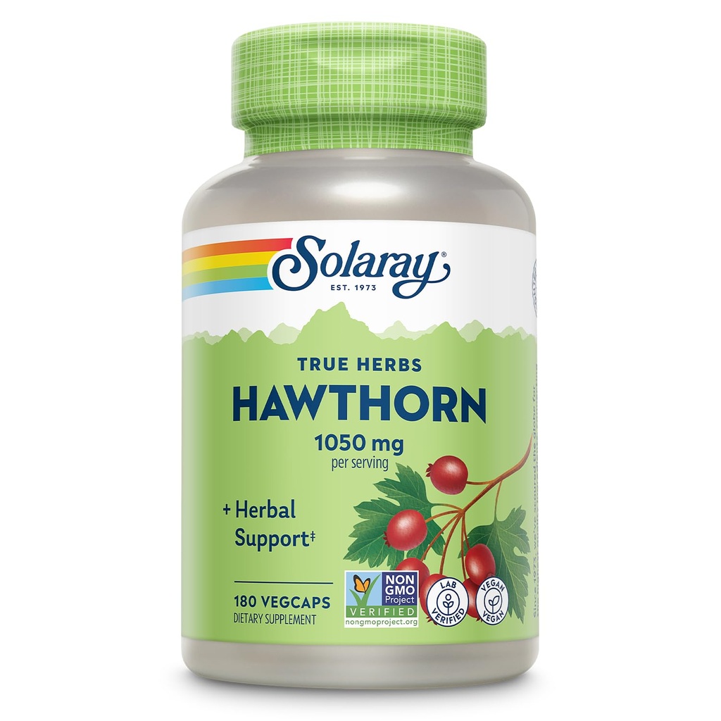 SOLARAY Hawthorn Berry kapslid 1050 mg - rahustav taimne tugi - Hawthorne Berry toidulisand üldise heaolu toetamiseks - Terve Berry, Vegan, Non-GMO, 60 päeva garantii, 90 Servings, 180 VegCaps