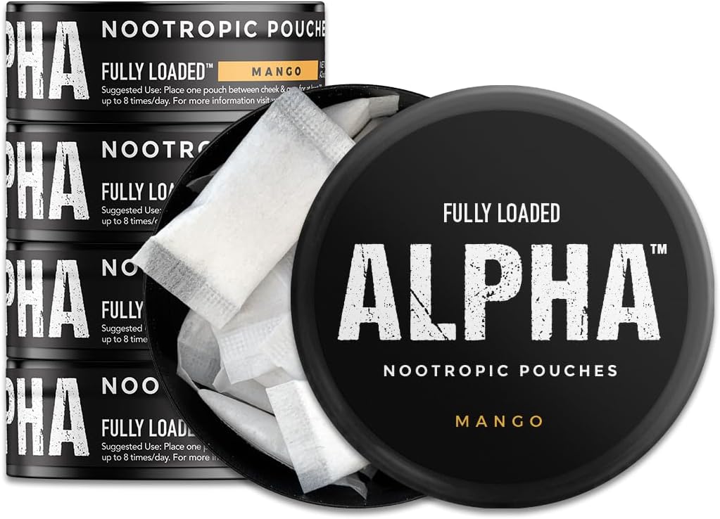 Täielikult laaditud alfa-nootroopsed kotid (Mango) - 5 purki - 15 kotti purgi kohta -efektiivne nootroopne kohaletoimetamine, Nic Pouch asendamine - kiirem imendumine, Alpha GPC, L-türosiin, GABA