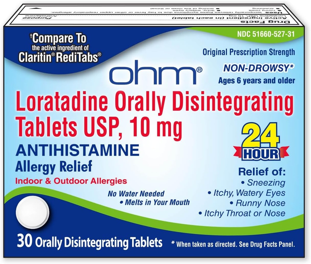 Ohm Loratadine 10 mg Allergia Meditsiin - Mitteuimastav kogu päeva allergia leevendamine, 24-tunnine antihistamiin, suu kaudu lagunevad tabletid, efektiivne leevendus, vanuses 6 ja kuni - 30