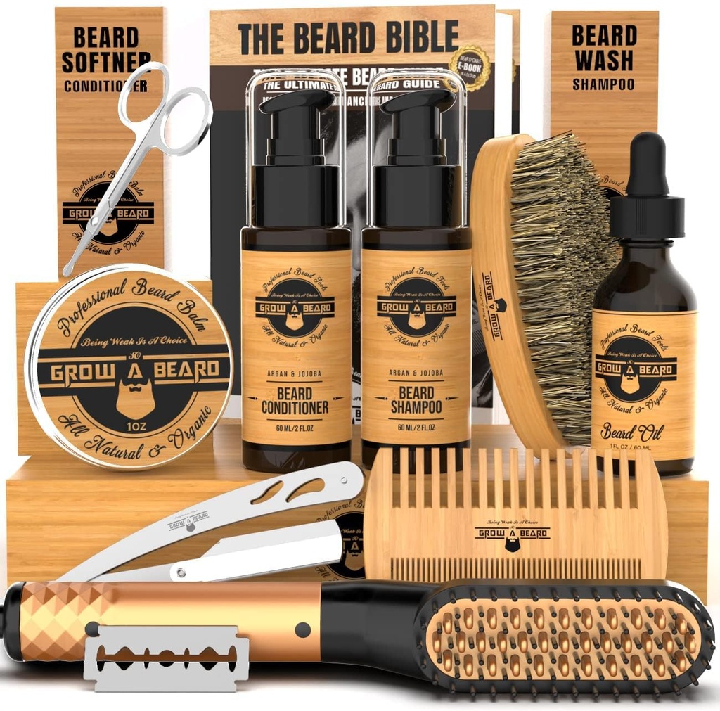 Beard Straightener Grooming Kit meestele, Beard Growth Kit, Wash, Brush & Comb, Unscented Growth Oil, All Natural Chanel Balm, konditsioneer, Razor & Käärid, Great Gift Idee meestele (Bamboo)