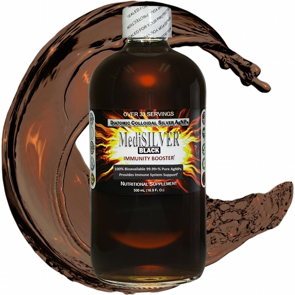 MediSILVER Black Immunity Booster Diatomic True Colloidal Silver AgNP Toitaine - 500 ml läbipaistvas klaaspudelis