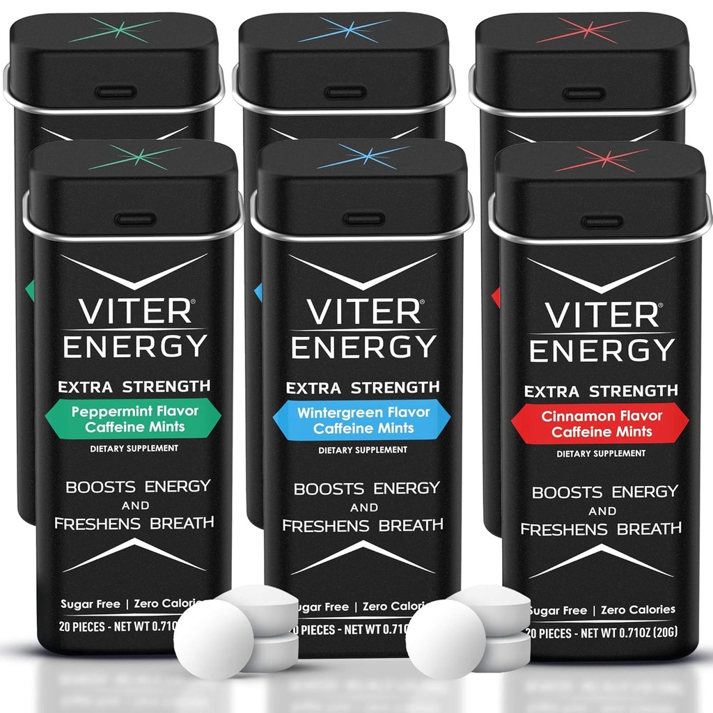 Viter Energy Extra Tugevus Kofeiiniga Mints 80mg Kofeiin, B vitamiinid, suhkruvaba. (Variety, 20 tk, 6 pakend)
