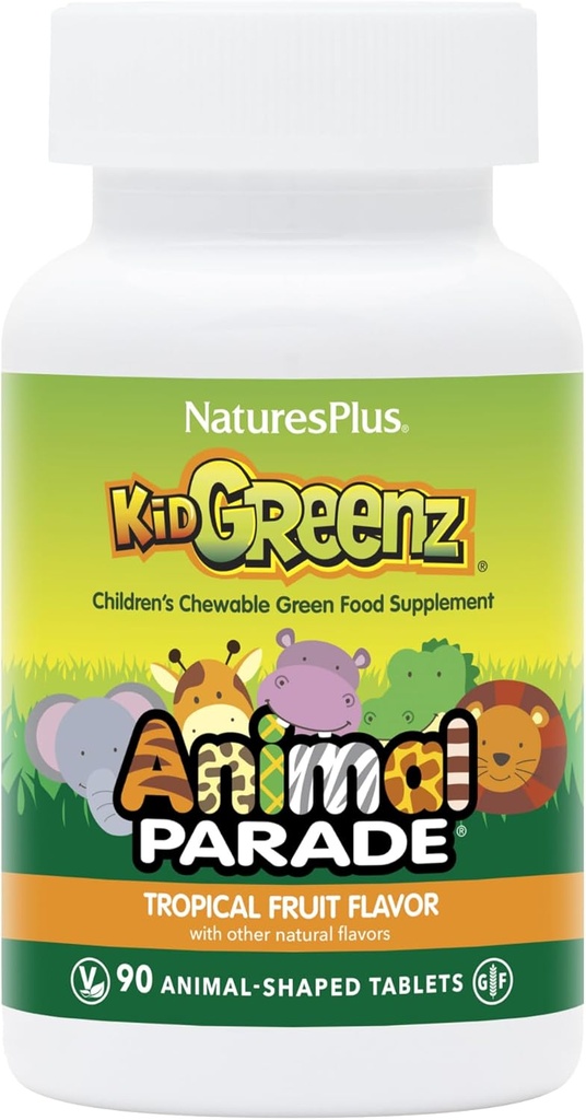 NaturesPlus Animal Parade KidGreenz, Troopiline puuviljamaitse - 90 loomakujulist närimistabletti - pakendis 2 - brokoli ja spinatiga - taimetoitlane, gluteenivaba - 180 kogu serveerimine
