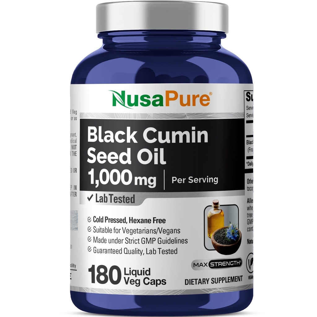 NusaPure Black Seed Oil 1000 mg ühe serveerimise kohta 180 Softgel Capsules (Non-GMO, Taimetoitlane) Külmpressitud Virgin Nigella Sativa. Hexane vaba