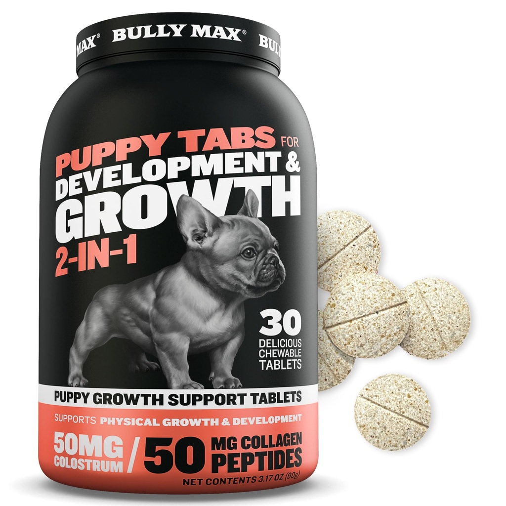 Bully Max 2-in-1 kutsika vitamiinid - 30 närimistabletti kutsikate arenguks ja kasvuks - koerte ravi, vitamiinid ja toidulisandid väikestele koertele ja suurtele tõugude kasvu poegadele - saab kasutada toiduks