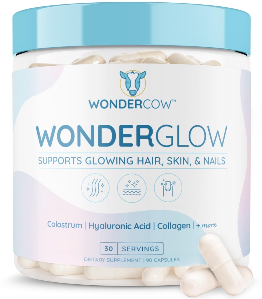 WONDERCOW juuste nahk ja küüned Vitamiinid w / Veiste ternespiim, kollageen, hüaluroonhape, biotiin, tsink ja laktoferriin Toetab kiiremat juuste kasvu, tugevamaid küüneid ja hõõguvat nahka (30 Servings, Kapsel)