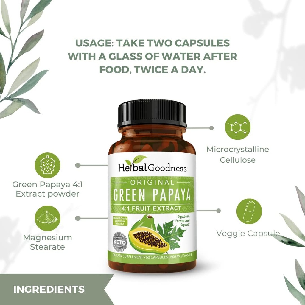 Rohelised Papaya kapslid 4X tugevus, orgaaniline Papaya Leaf & Fruit Extract trombotsüütidele, seedetrakti tervisele, ensüümidele, probiootikumidele, antioksüdantidele - 600mg, 60 kapslit, juhtum 12 - taimsed headus