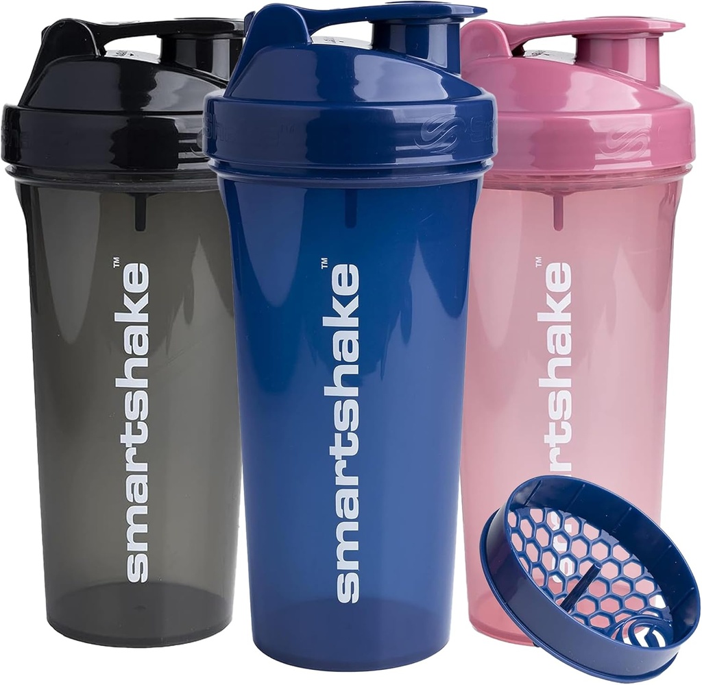 Smartshake Glossy 3-Pack Lite Protein Shaker Pudel 800 ml | 27 oz - Leakproof Screw-on Lid - BPA Free - Unisex - (Black, Deep Rose, Navy Blue)