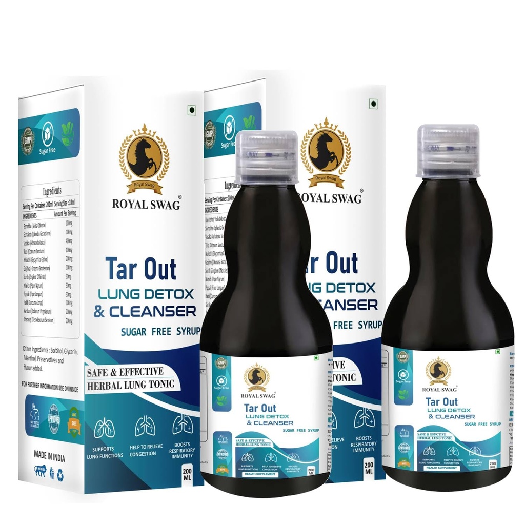 ROYAL SWAG Ayurveda Tar Out Syrup Lungs Detox Sugar Free (200 ML) Eemaldab tõrva kopsudest suitsu ja õhusaaste tõttu Taimne Syrub eemaldada toksiinid Lung ja lima Eemaldaja