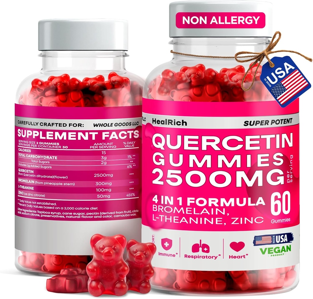 Quercetin Gummies - 2500MG Quercetin Bromelain L-theanine & Tsink - Puhta täiendus immuunsüsteemi kopsude ja allergia tugi - Immunity Booster Vegan Supplements lastele ja täiskasvanutele - valmistatud USA-s
