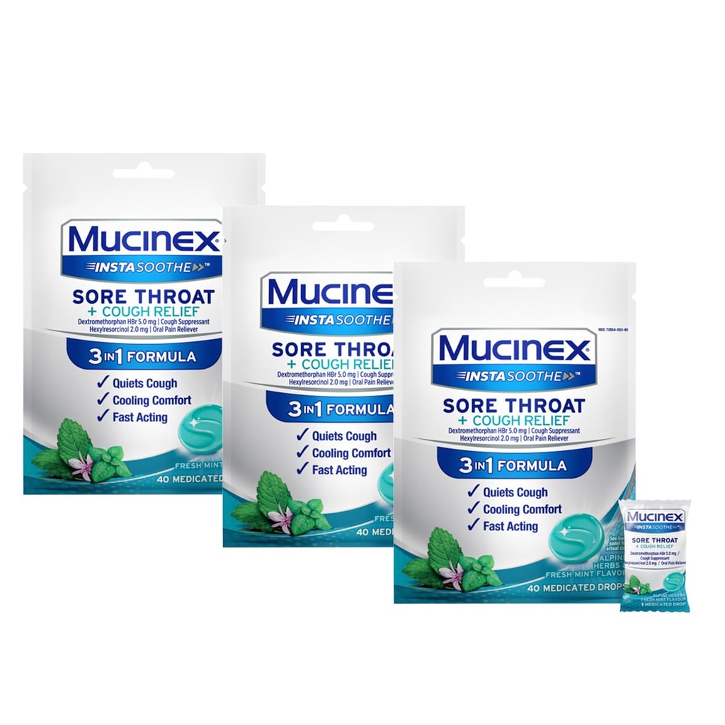 Mucinex InstaSoothe Hare Kurk + Köha Relief Alpi maitsetaimed & Mint Maitse, Kiire Toimimine, Jahutamine Mugavus, Võimas Valu Suuvalu Reliever, 40 Ravimtilgad (40 Loeng (3. pakk))