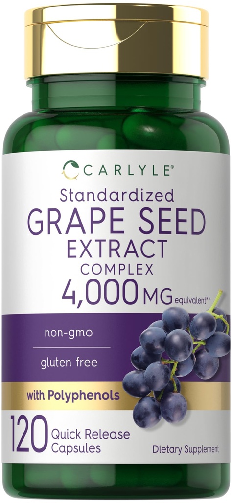Carlyle Viinamarjaseemne ekstrakt 4000mg | 120 kiirvabastuskapslid | Standardiseeritud ekstrakti kompleks polüfenoolidega | Mitte-GMO, Gluteenivaba täiendus