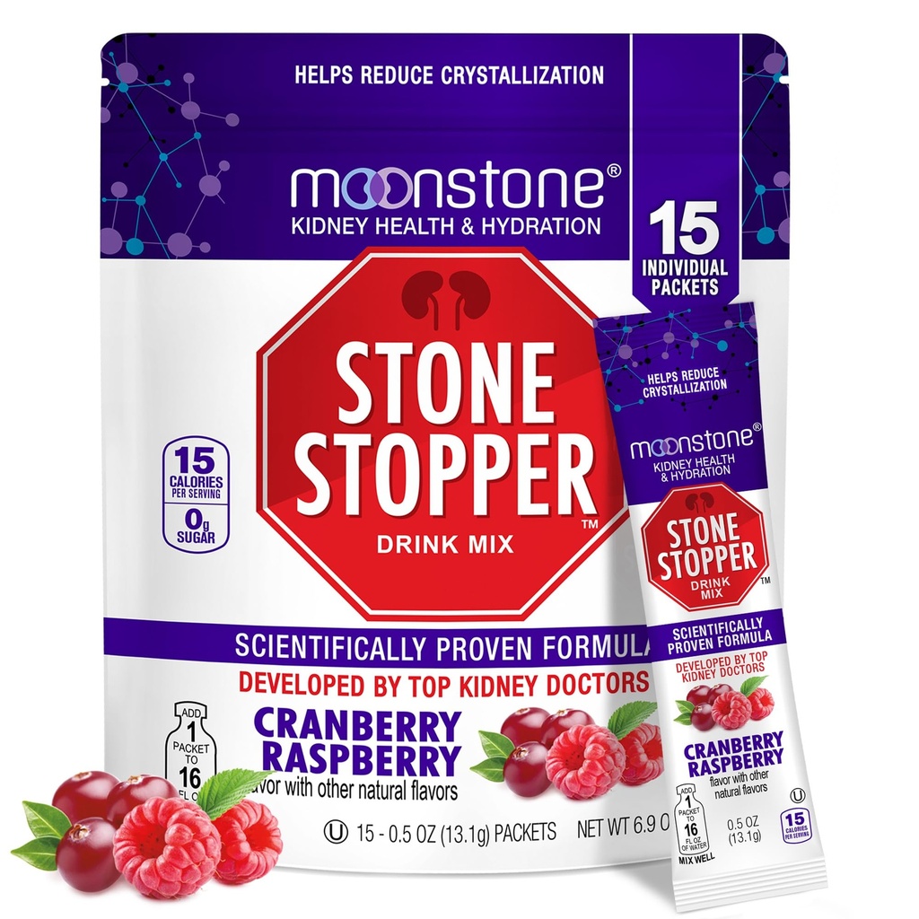 Moonstone Stone Stopper Drink Mix, Cranberry Vaarika, Neerukivi ennetamine, Kaltsiumoksalaadi kaitsja, välja töötanud uroloogid, et parandada hüdratsiooni ja toetada neerude tervist, 15 päeva pakkumine