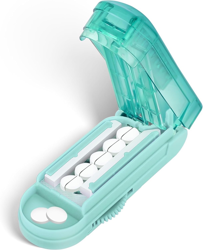 DUBSTAR Pill Cutter Splitter väikestele ja väikestele pillidele, mitme pilli lõikurid väikestele või suurtele pillidele, reguleeritav pillide jagunemine keskseadmega ja plaatide kaitse mitme tableti jaoks (Cyan)