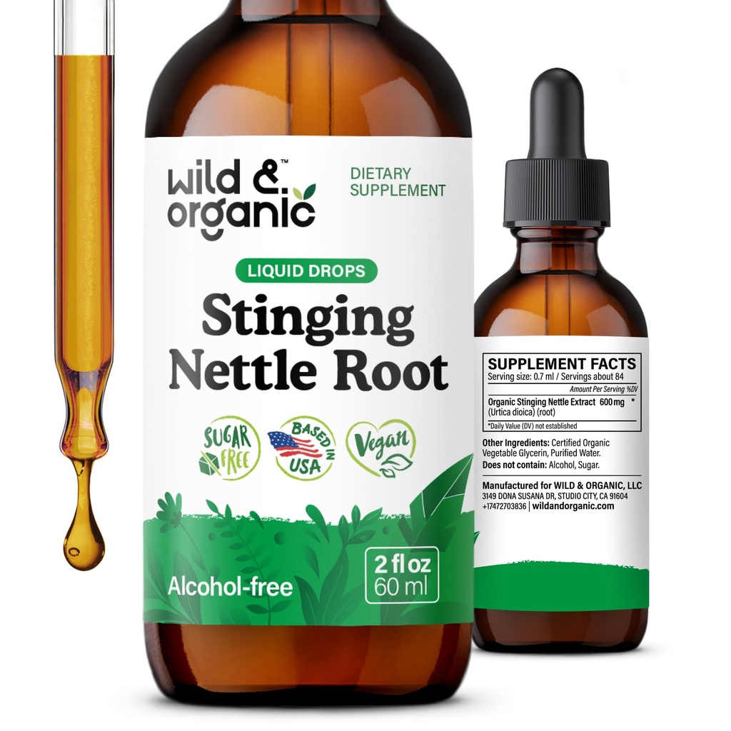 Wild & Organic Stinging Nettle Root Drops - Stinging Nettle Extract Tinktuur meestele ja naistele - Vedel Urtica Dioica Supplement - Vegan, suhkur ja alkoholivaba - 2 fl oz