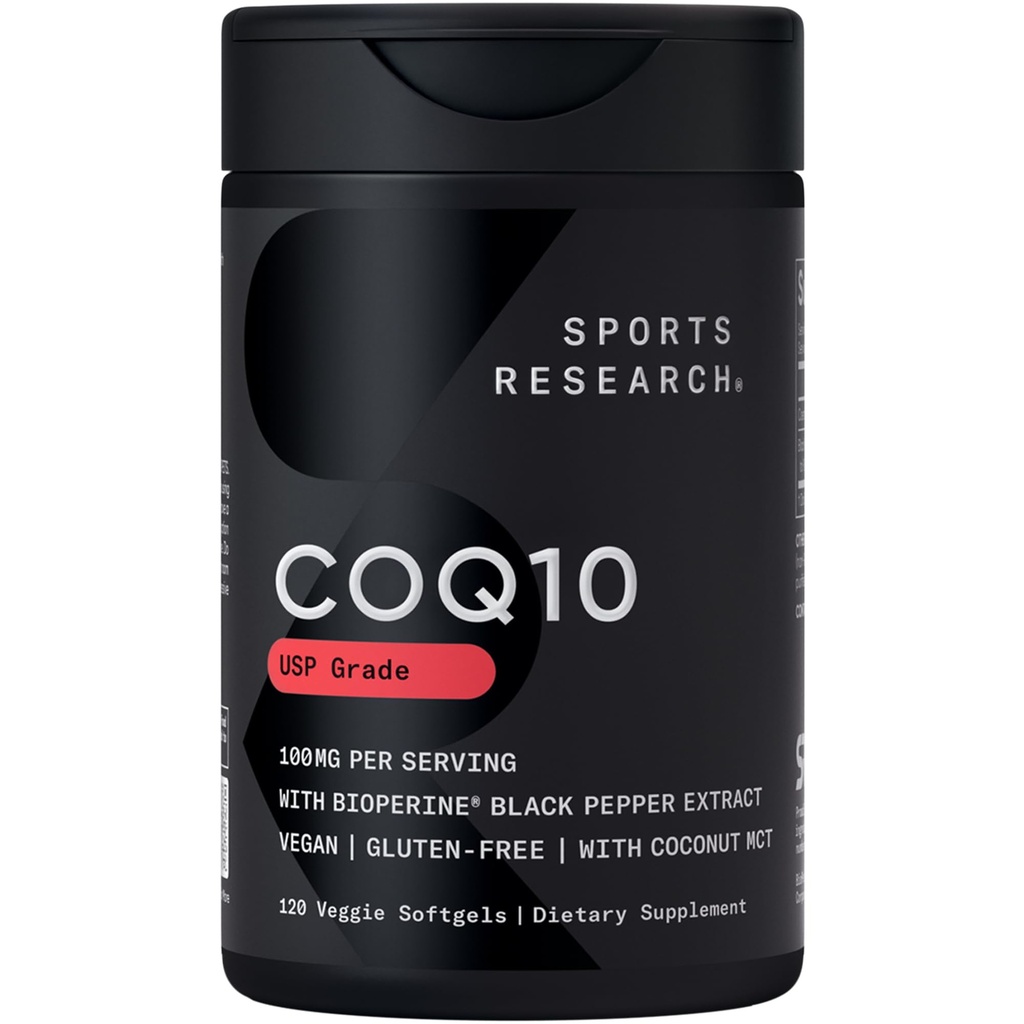 Sport Research CoQ10 (100mg) Enhanced w/Coconut Oil & Bioperine (Black Pepper) parema imendumise jaoks | Vegan Certified, Non-GMO Verified (120 Veggie Softgels)