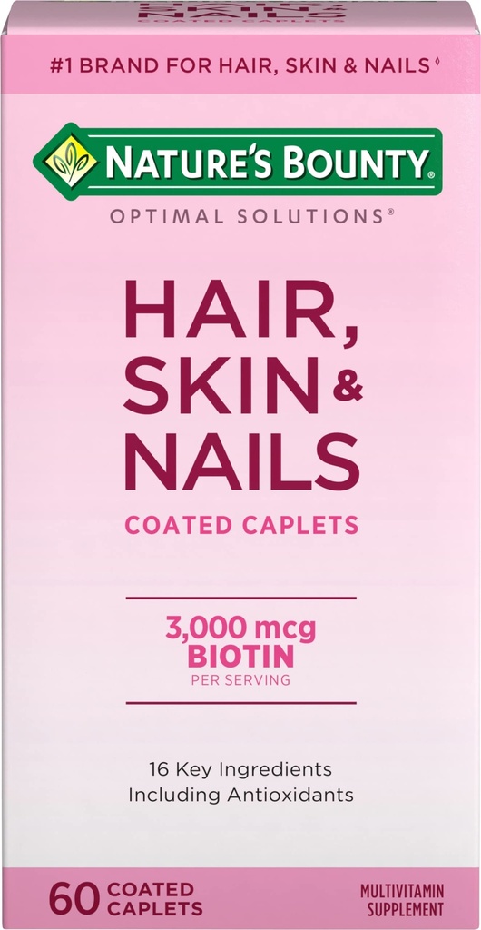 Looduse Bounty Optimal Solutions Hair, Skin & Nails Formula, 3000 mcg Biotin, 60 kaetud Caplets, 20 Total Servings