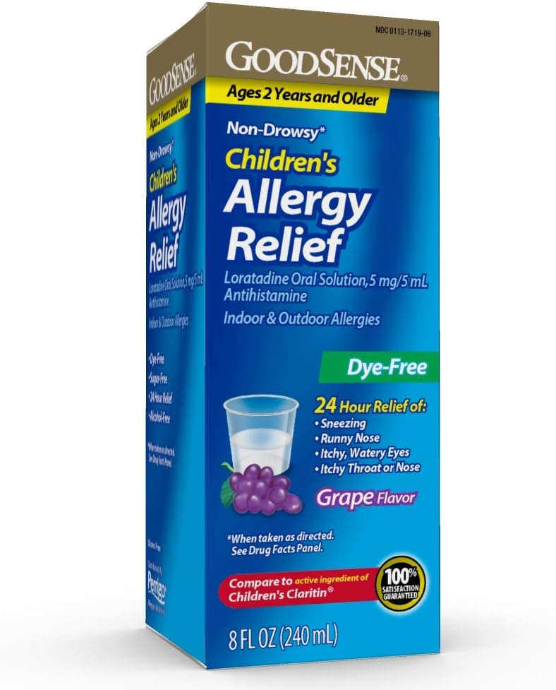 GoodSense Laste Allergia Meditsiin, 24-tunnine Loratadiini suukaudne lahus 5 mg/5 ml, värvivaba, mitteuimastav antihistamiin, viinamarjamaitse, vanuses 2 ja vanemad, 8 oz