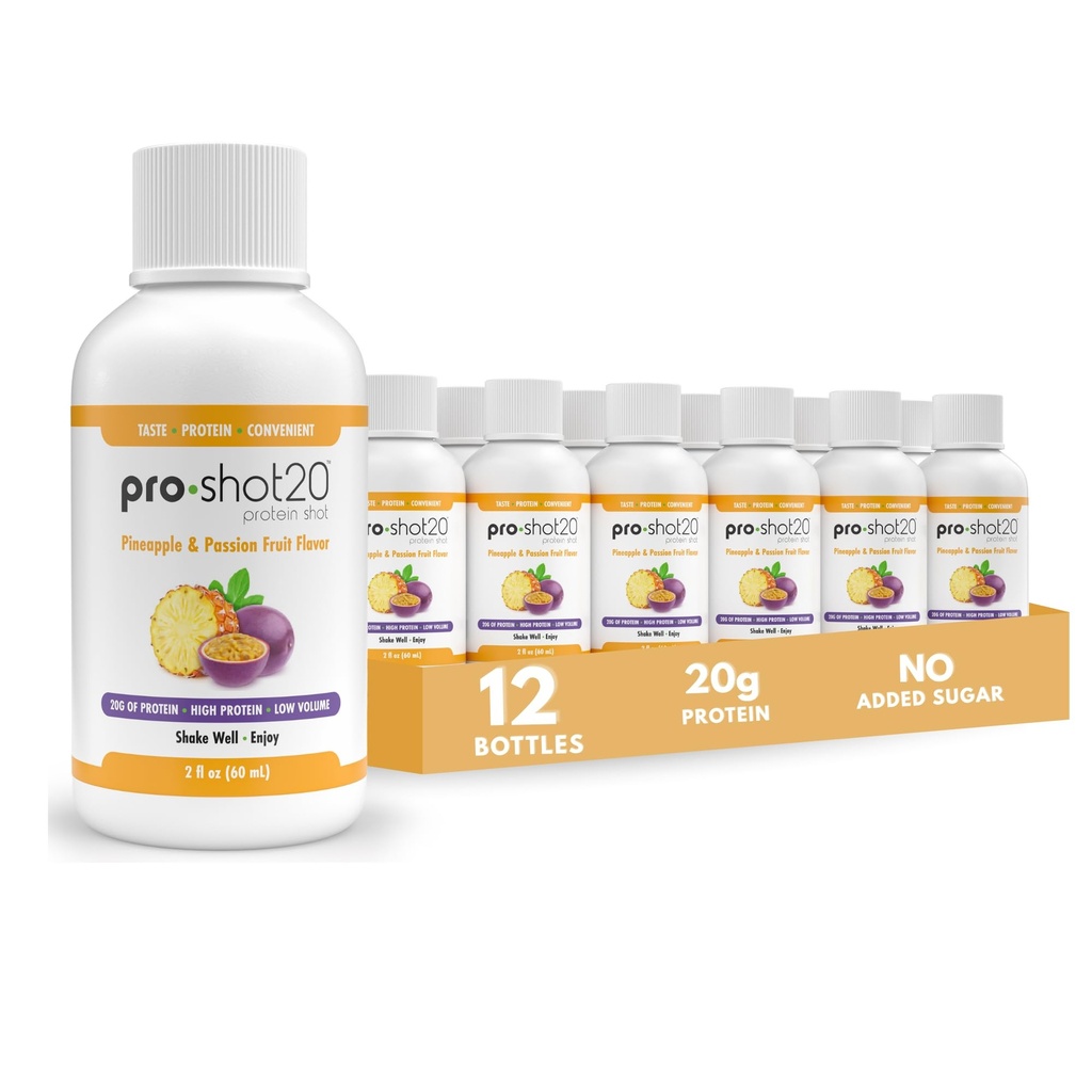 Pro-Shot20 Protein Shot Ananass & Passion Fruit Maitse, 60 ml, 12-Pack - 20 g Vadakuvalk & Hüdrolüüsitud kollageenijook - Madal kalorsus, Madal Carb, Gluteenivaba, Ilma Aspartaamita, Joogivalmis